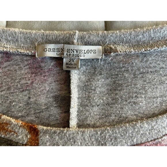 Green Envelope Gray Floral Asymmetrical Hem Tunic Top Women’s Size 2X 3/4 Sleeve - Picture 5 of 10